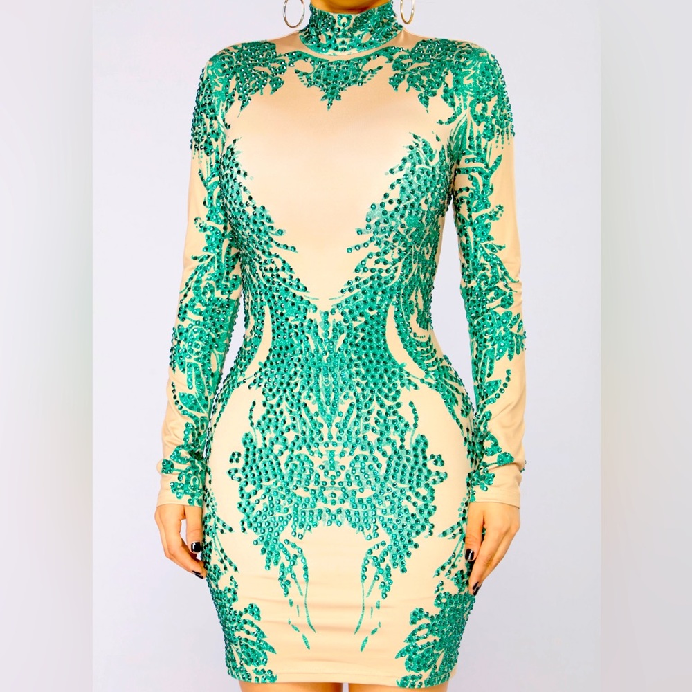 Nude & Emerald Green Rhinestone Midi Dress